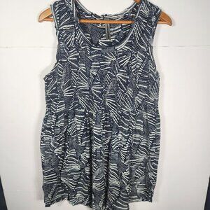 Anthropologie Navy Blue & White Smocked Bodice Tunic Top Sleeveless Sz Large